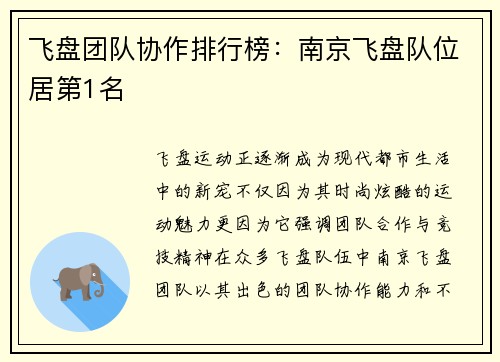 飞盘团队协作排行榜：南京飞盘队位居第1名